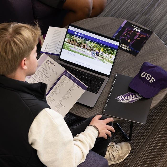 Overhead view of a student browsing the USF website on their laptop